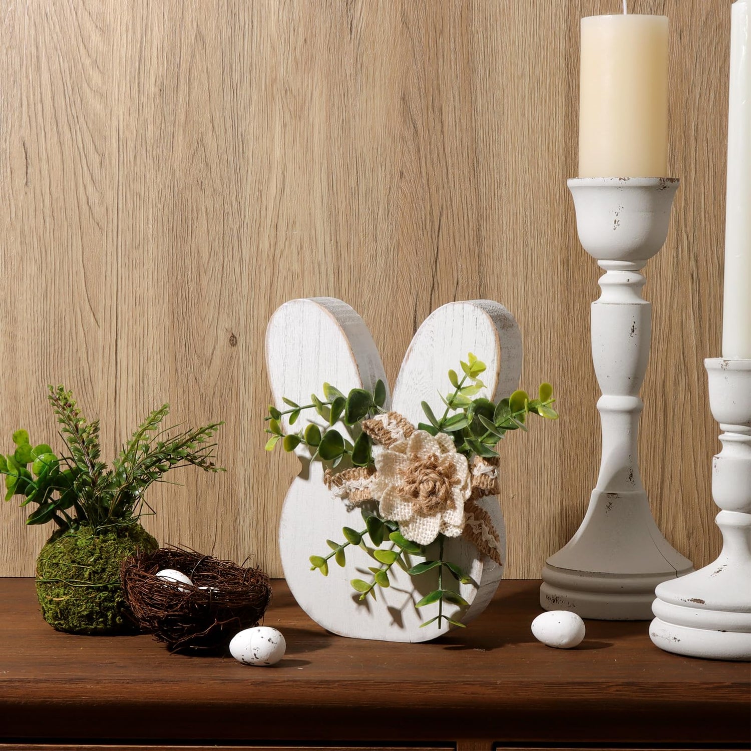 Treory Easter Decorations for the Home: Rustic Antique Wooden Bunny Happy Easter Table Centerpiece Signs, Farmhouse White Rabbit with Flowers Wood Treory