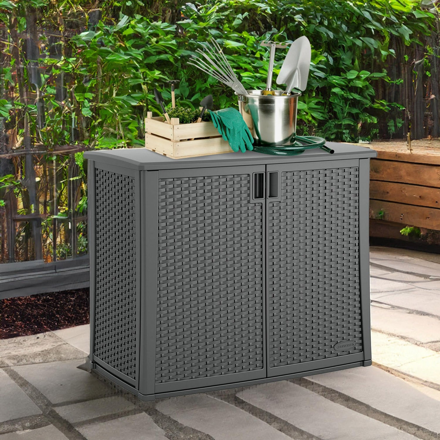 Suncast Outdoor Storage Cabinet with Pad-Lockable Doors, Freestanding Outdoor Patio Storage Unit, 42" W x 23" D x 35.5" H, Cool Gray Suncast