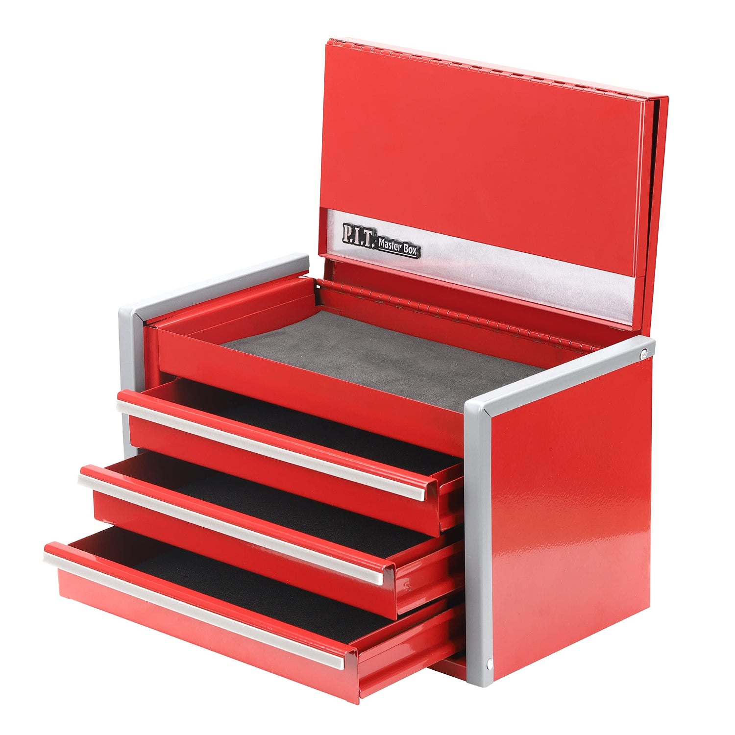 P.I.T. Mini Red Tool Box, Portable 3 Drawer Steel Tool Box with Magnetic Tab Locking, Red Micro Top Chest with Liner for Tools Storage, Home DIY P.I.T.