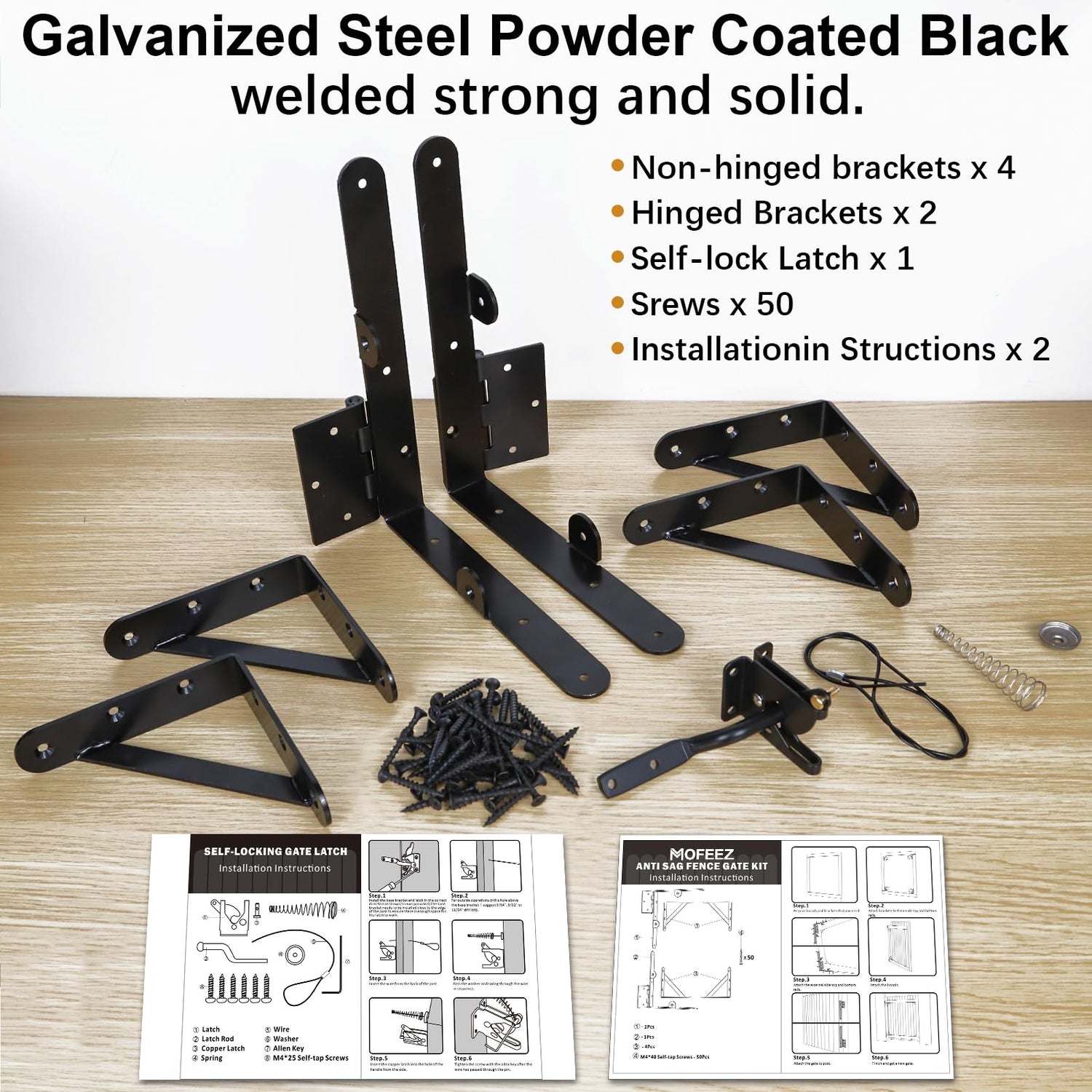 Mofeez Fence Gate Kit Iron Gate Hardware with Gate Latch for Wooden Fences, Shed Doors, Heavy Duty Anti Sag Gate Corner Brace Bracket MOFEEZ