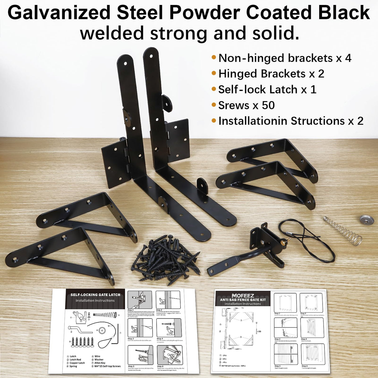 Mofeez Fence Gate Kit Iron Gate Hardware with Gate Latch for Wooden Fences, Shed Doors, Heavy Duty Anti Sag Gate Corner Brace Bracket MOFEEZ