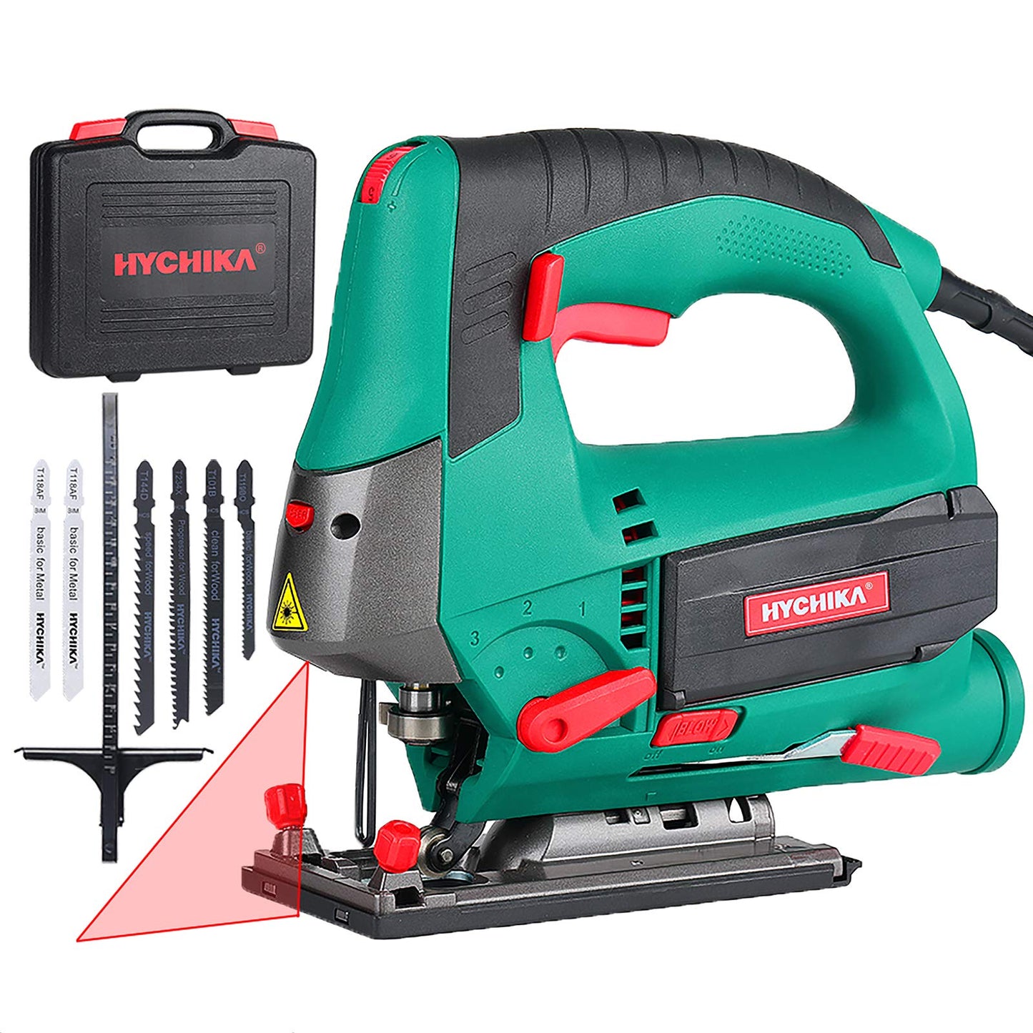 HYCHIKA Jigsaw, 6.7A Jig Saw 800-3000SPM with 6 Variable Speeds, 4 Orbital Sets, Bevel Angle 45°, 6PCS Blades, Pure Copper Motor, Laser Guide,