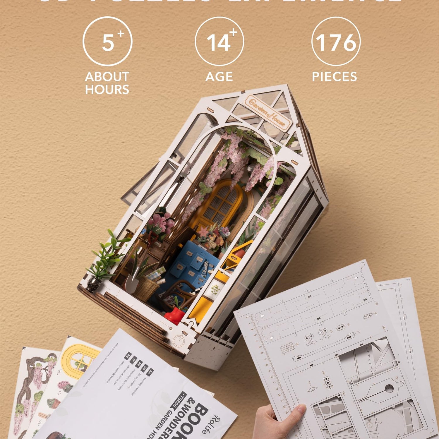 Rolife DIY Book Nook Kit Garden House, DIY Miniature Booknook Kit 3D Creative Decorative Bookend Bookshelf Insert 3D Puzzle for Adults, Rolife