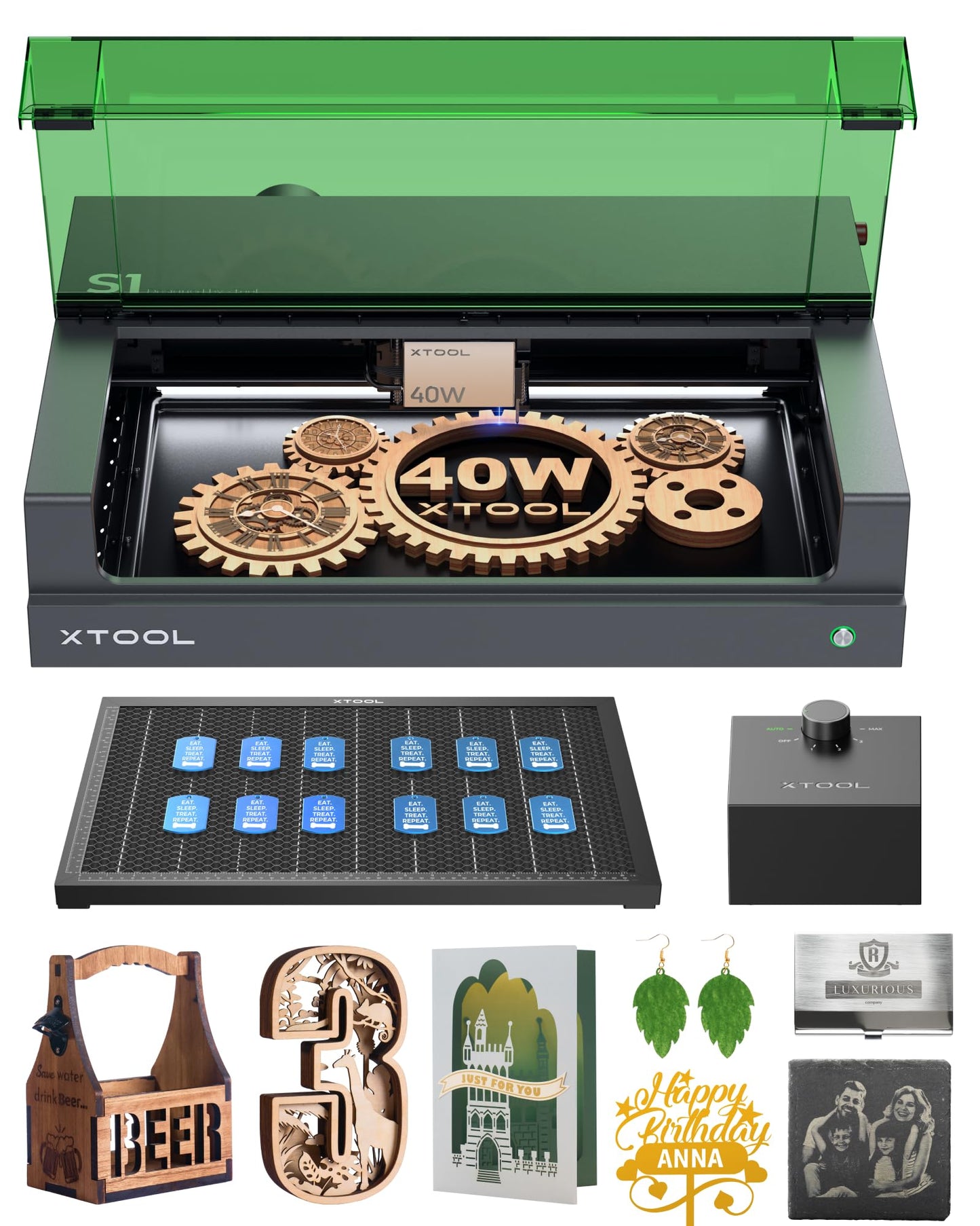 xTool S1 Enclosed Laser Cutter and Engraver Machine with Air Assist, Honeycomb, 40W Laser Power, 600mm/s, 419 * 319mm for Batch Process, Laser