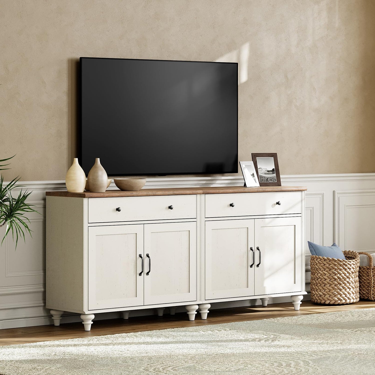 WAMAPT Buffet Cabinet with 4 Doors and 2 Drawers, Large Coffee Bar Tables Wood Kitchen Storage Cabinets with Storage Cabinets, Modern Farmhouse WAMPAT