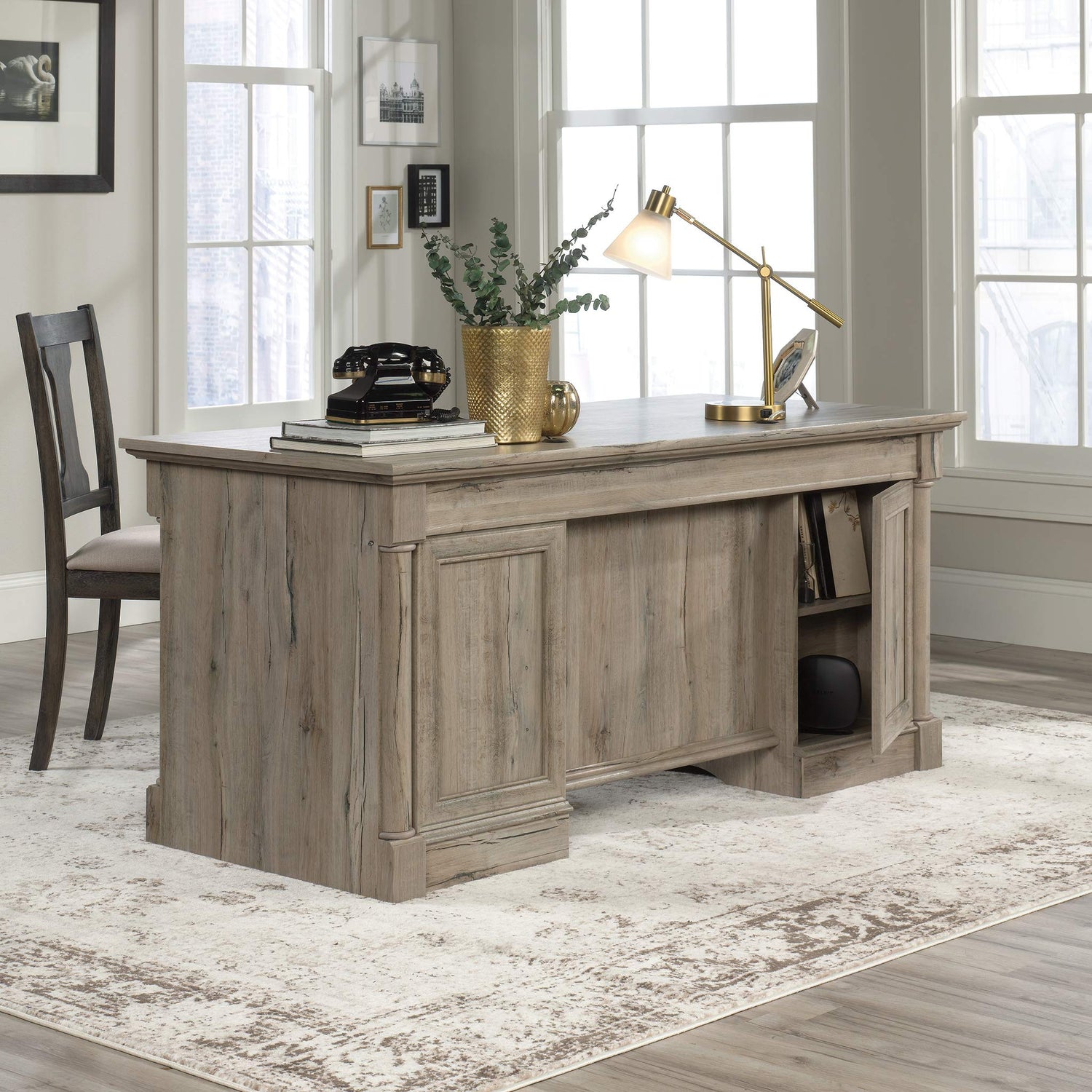Sauder Palladia Executive Desk, L: 65.12" x W: 29.53" x H: 29.61", Split Oak finish Sauder