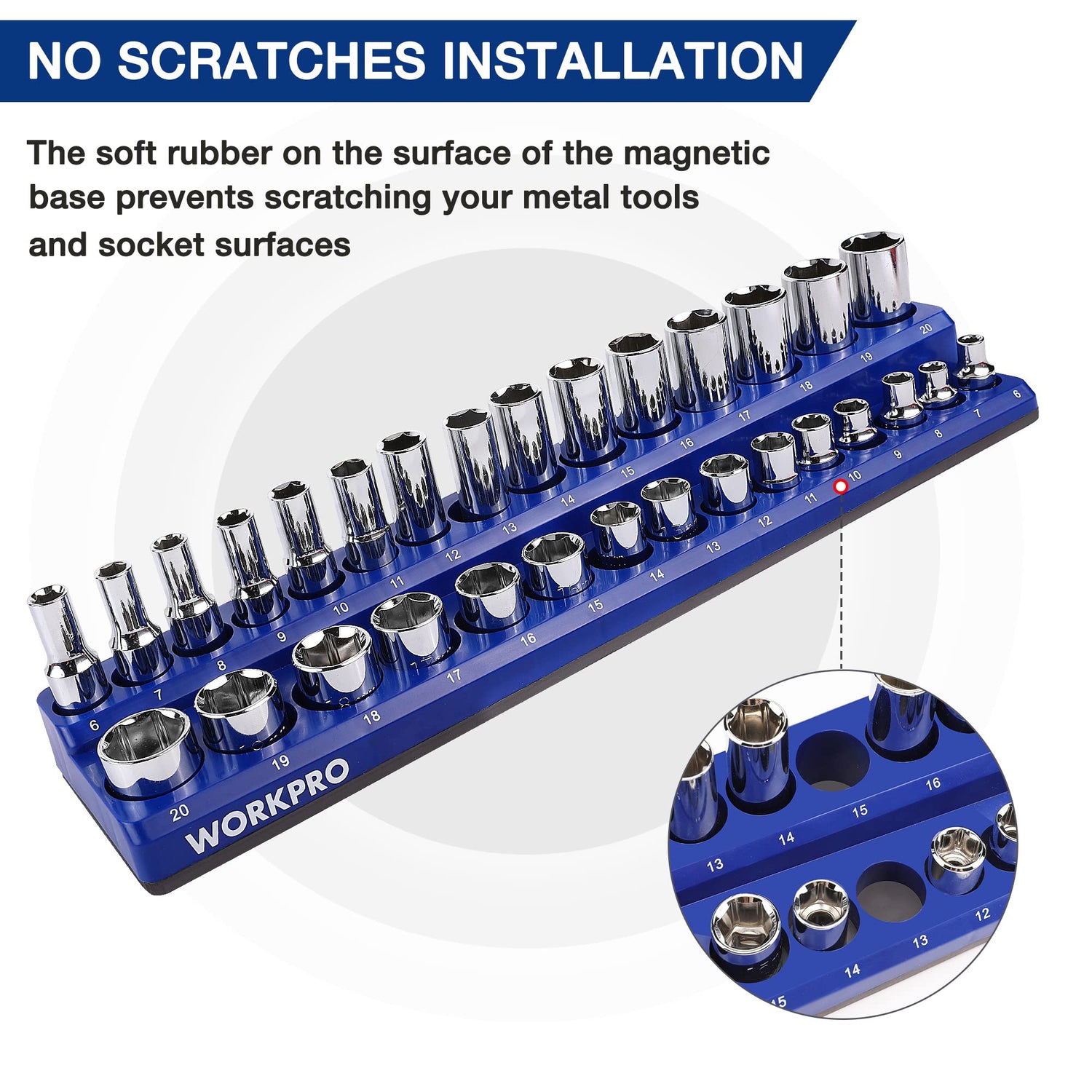 WORKPRO Magnetic Socket Organizer Set, 6-Piece Socket Holder Set Includes 1/4", 3/8", 1/2" Drive Metric SAE Socket Trays, Holds 141 Pieces Standard WORKPRO