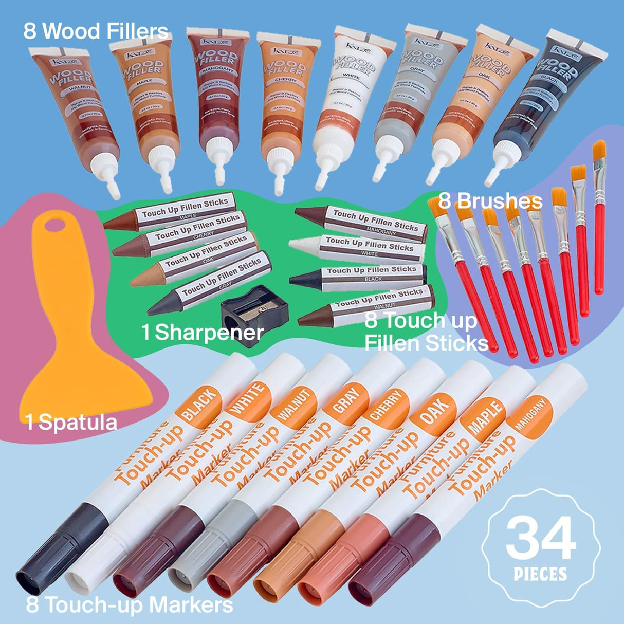 Katzco Furniture Repair Kit Wood Markers - Set of 34 - Markers and Wax Sticks with Sharpener - for Stains, Scratches, Floors, Tables, Desks, Katzco