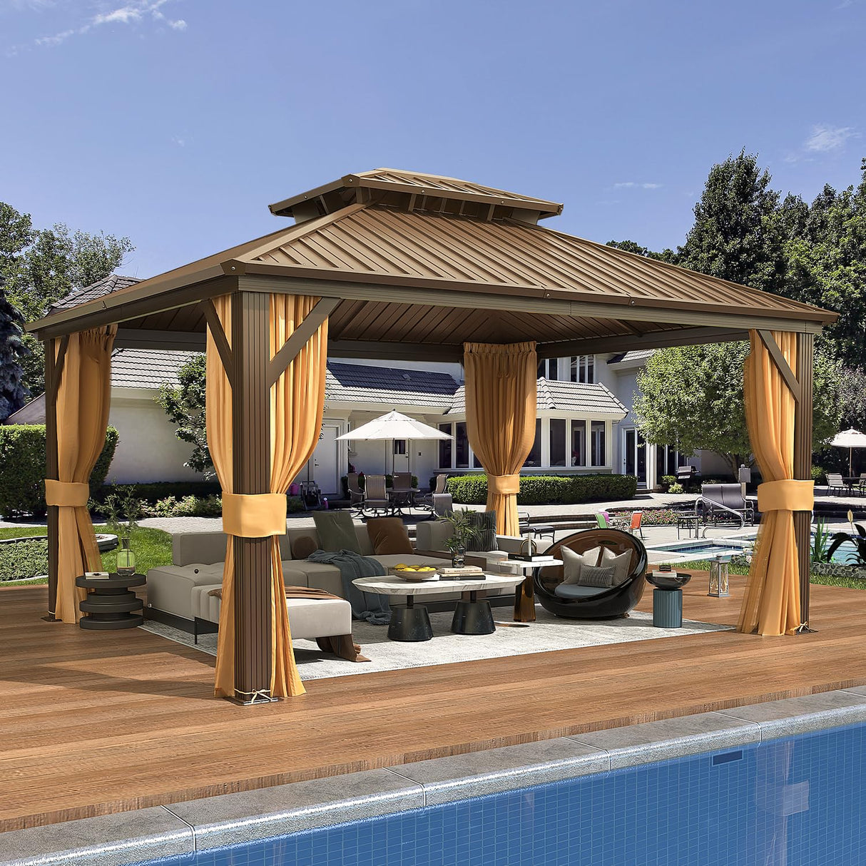 EROMMY 12'x 14' Hardtop Gazebo, Galvanized Steel Double Roof Metal Gazebo with Aluminum Frame, Permanent Outdoor Pavilion with Curtain and Netting EROMMY