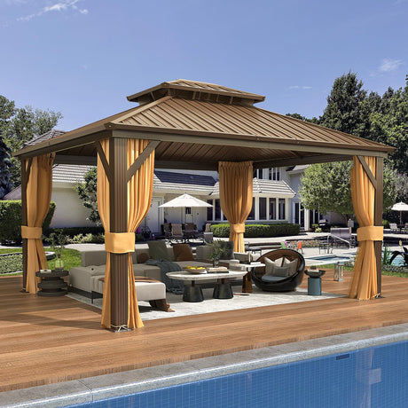 EROMMY 12'x 14' Hardtop Gazebo, Galvanized Steel Double Roof Metal Gazebo with Aluminum Frame, Permanent Outdoor Pavilion with Curtain and Netting EROMMY