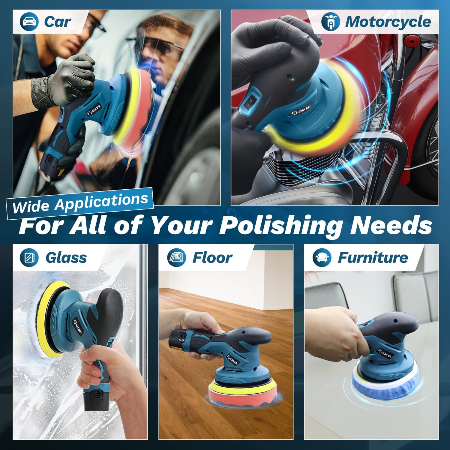 Saker Mini Cordless Buffer Polisher - 6 Inch Portable Polishing Machine Kit for Car Detailing, with 1PC 12V 2000mAh Rechargeable Battery, Extra 10 Saker