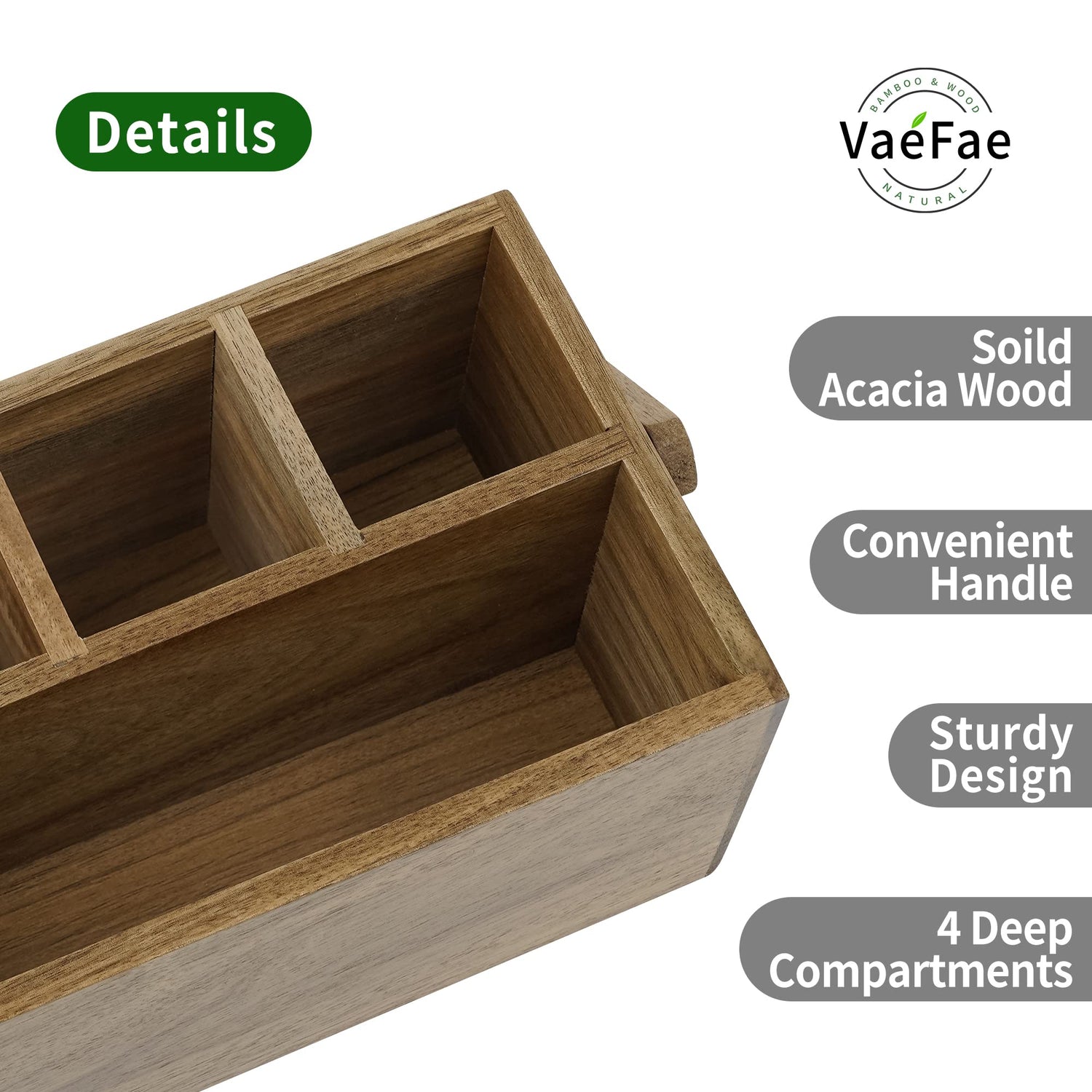 VaeFae Acacia Silverware Caddy with Handle, Wooden Utensil Holder, Mulip-pose Organizer for Kitchen, Office, Bathroom, Bedroom VaeFae