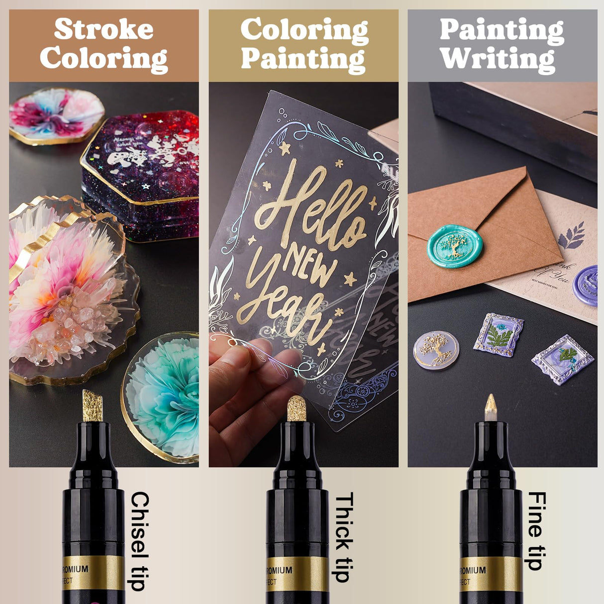 LET'S RESIN 6Pcs Mirror Chrome Markers,3 Sizes Available Metallic Permanent Markers(Fine,Chisel,Round) with Large Barrel,High-gloss Silver & Gold LET'S RESIN