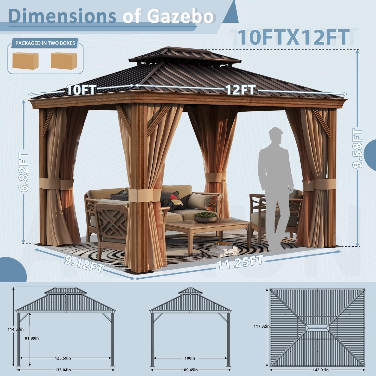 Aoxun 10' x 12' Gazebo, Wooden Finish Coated Aluminum Frame Canopy with Dual-Layer Galvanized Steel Hardtop Top, Outdoor Metal Pavilion with Privacy