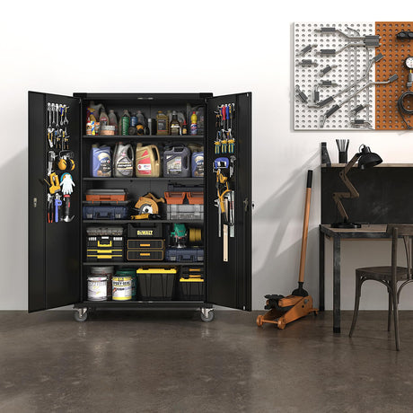 VINGLI Upgraded 72" Tall & Wide Metal Storage Cabinet with Pegboards in Doors and 4 Adjustable Shelves, Black Garage Cabinet and Storage System with VINGLI