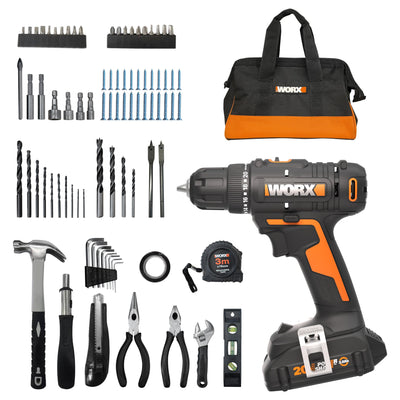 Worx 20V 3/8" Cordless Drill with 84pc Accessory Kit, Variable 2-Speed Drill Set 265 In-Lbs Torque 20+1 Clutch, Lightweight Compact Drill Driver