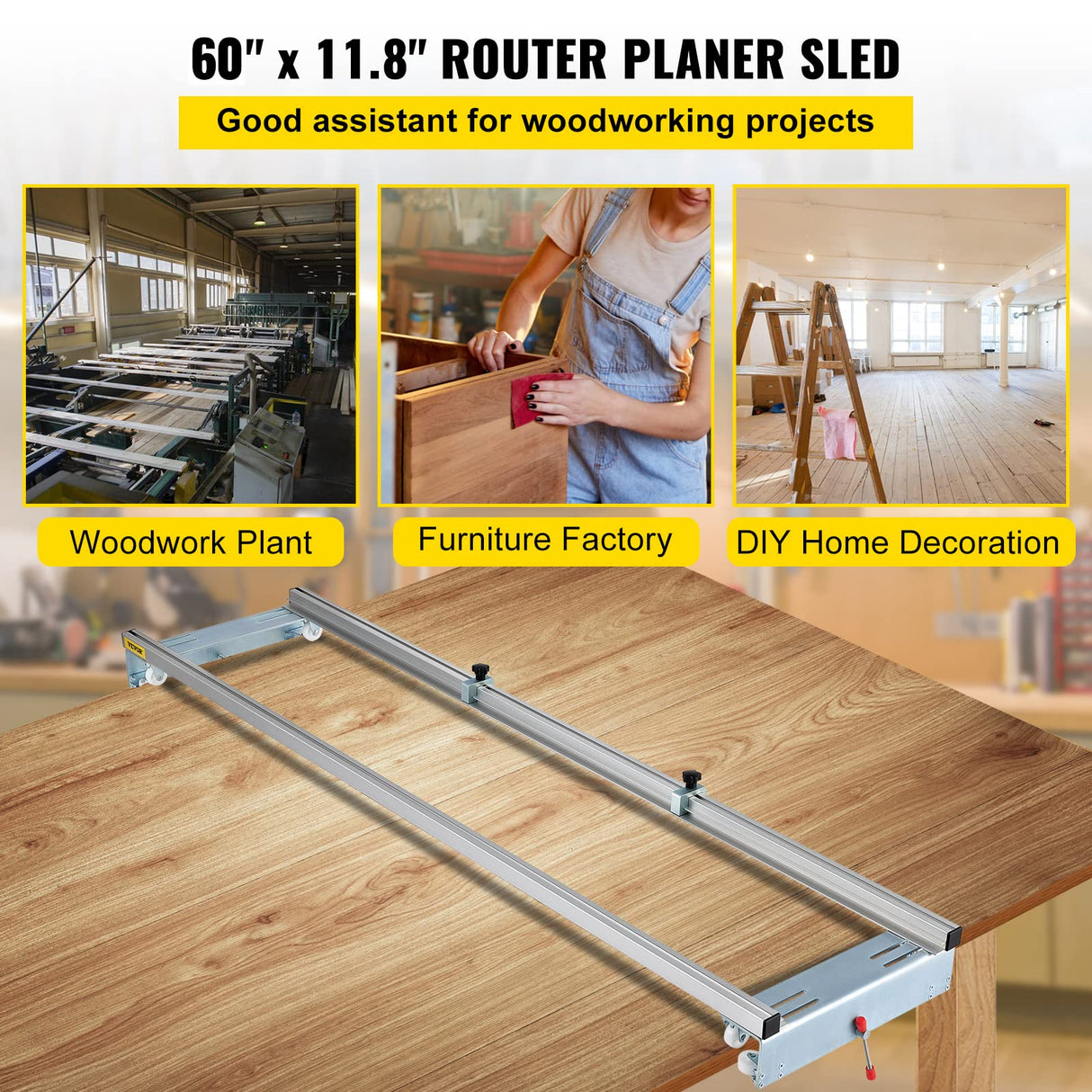 VEVOR Router Sled, 60 inches / 152.4cm Width, Slab Guide Jig for Woodworking with Locking Function, Portable and Easy to Adjust, Trimming Planing VEVOR