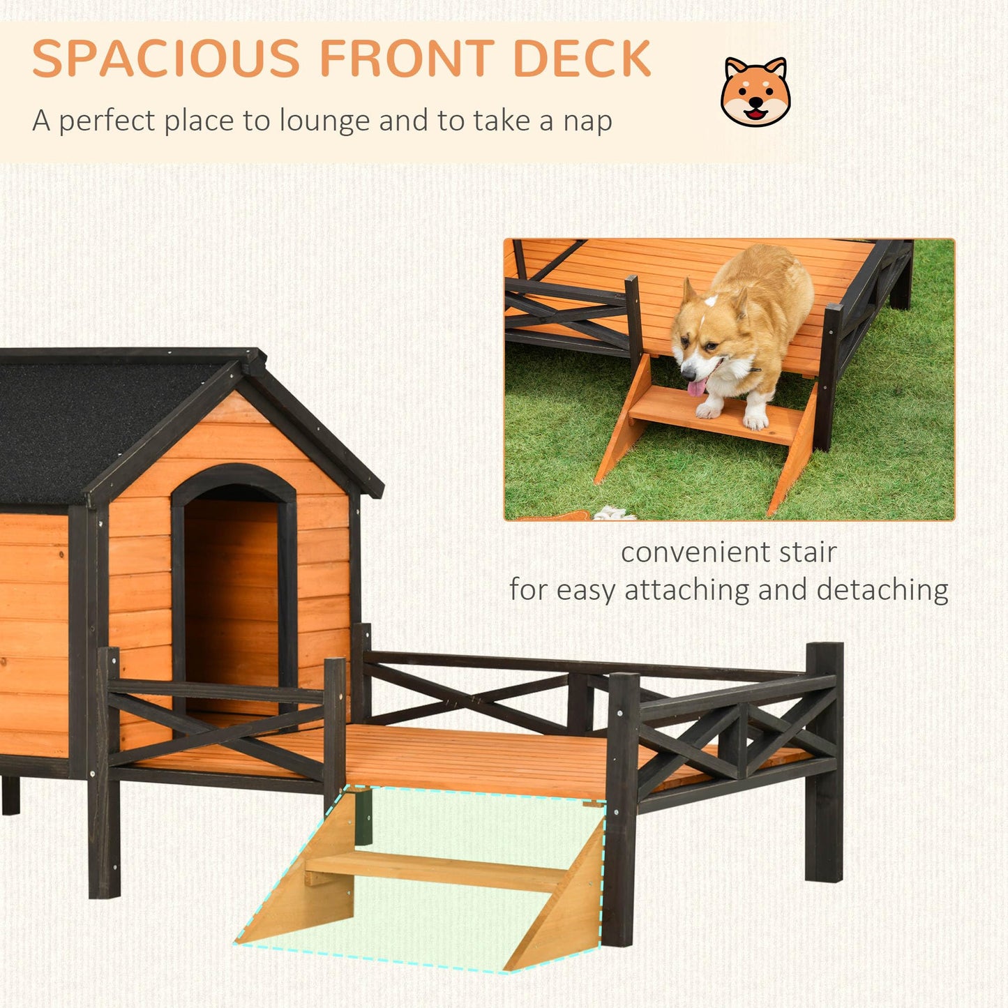 PawHut Wooden Dog House with Porch, Outside Dog House with Water-Resistant Asphalt Roof, Ladders, Fencing, Window, for Small and Medium Dogs, Natural