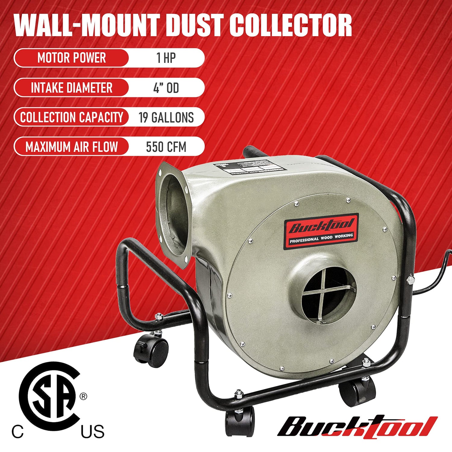BUCKTOOL 1HP 6.5AMP Wall-mount Dust Collector with Remote Control and 2-micron Dust Filter Bag 550CFM Air Flow DC30A-1 Bucktool