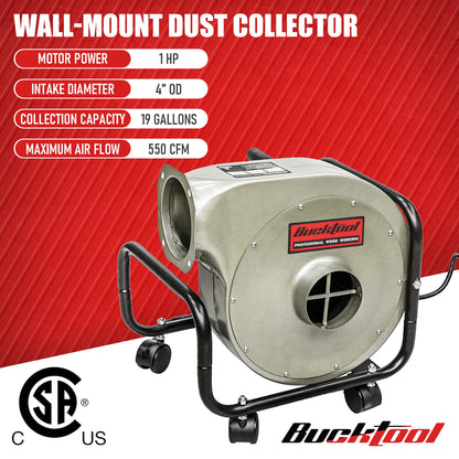 BUCKTOOL 1HP 6.5AMP Wall-mount Dust Collector with Remote Control and 2-micron Dust Filter Bag 550CFM Air Flow DC30A-1 - WoodArtSupply