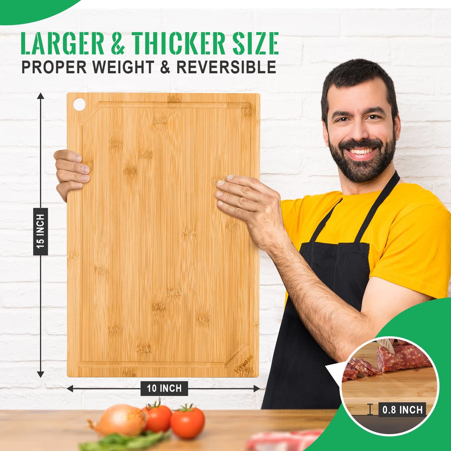 Hiware Bamboo Cutting Board for Kitchen, Heavy Duty Wood Cutting Board with Juice Groove, 100% Organic Bamboo, Pre Oiled, 15" x 10"