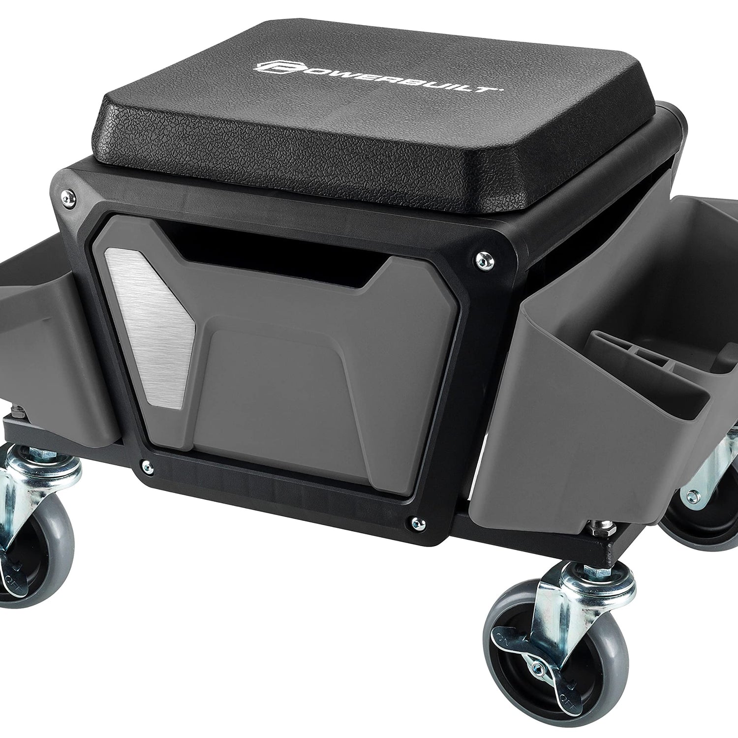 Powerbuilt Rolling Work Seat Brake Stool with 4-inch Rubber Lockable Wheels, Big Seating Platform, Tool Trays and Drawer 330 lb. Capacity, Mechanics, Powerbuilt