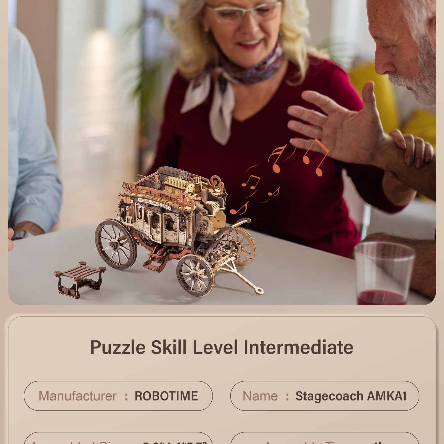 ROBOTIME Stagecoach Wooden Music Box Puzzle AMKA1, Valentines Day Gift 3D Wooden Puzzles for Adults, Mechanical 3D Model to Build, Birthday ROBOTIME