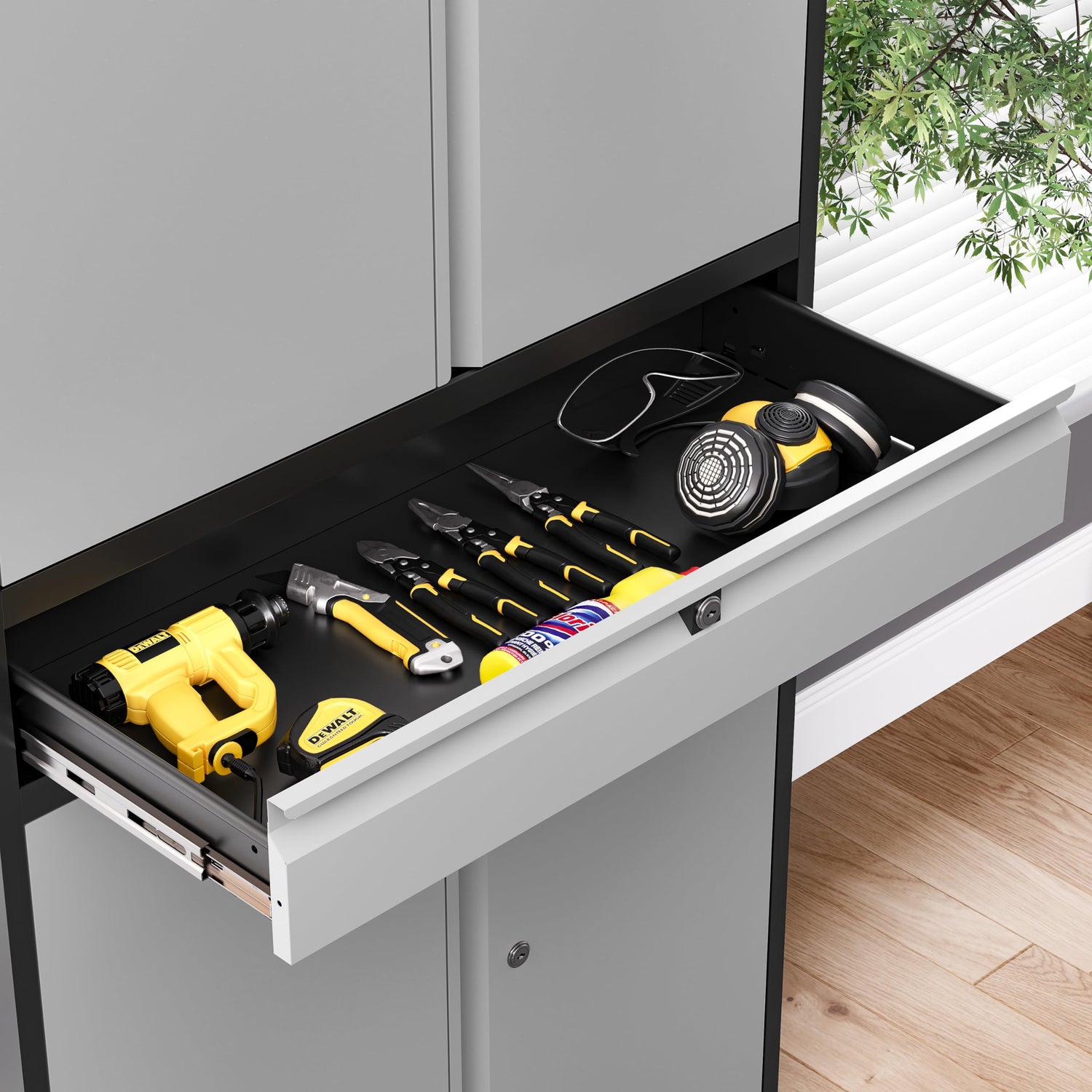 LISSIMO Metal Garage Storage Cabinet with Drawer, 71" Garage Storage Cabinet with Adjustable Shelves and 4 Doors, Lockable Lateral File Cabinet for LISSIMO