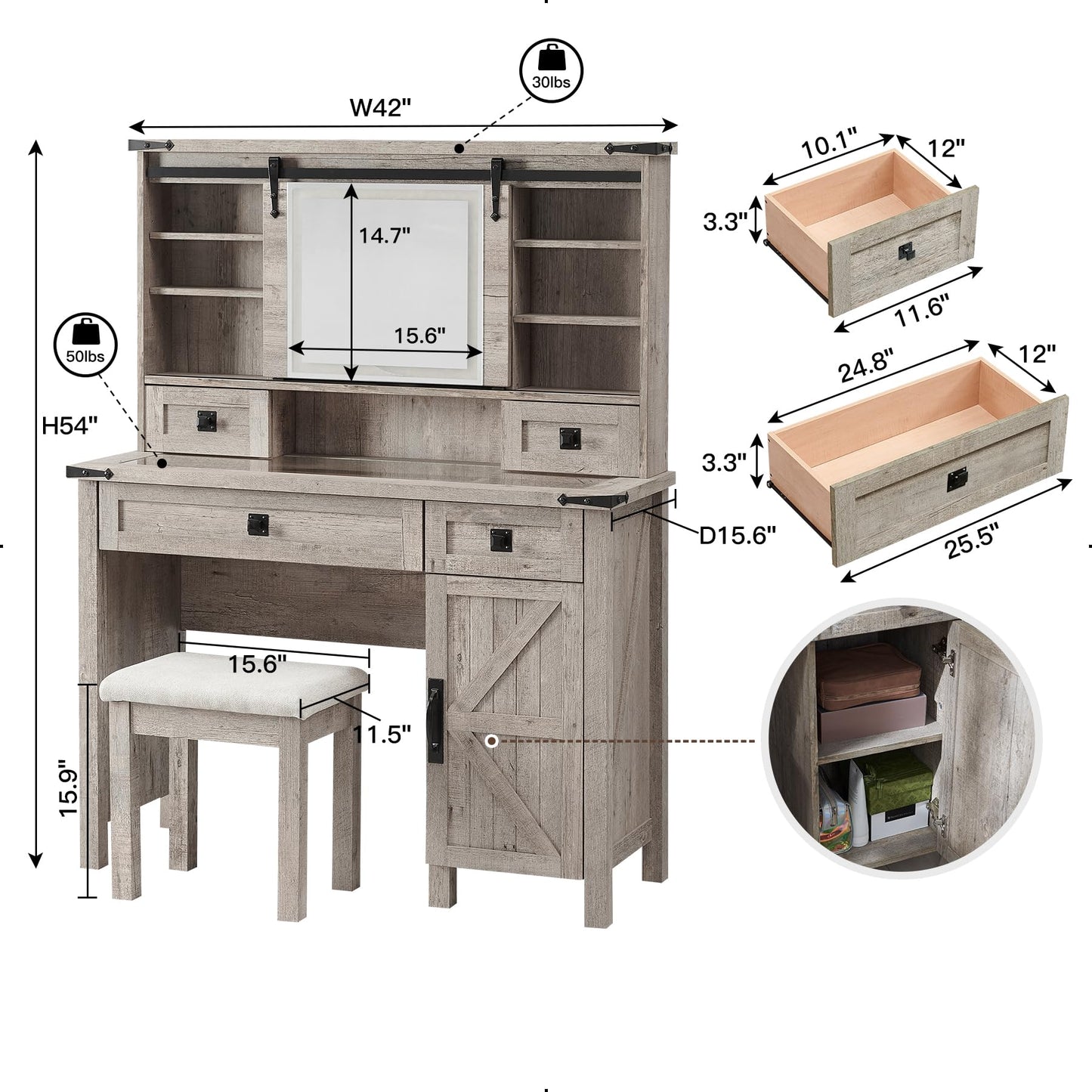 T4TREAM Farmhouse Makeup Vanity Desk with Sliding Mirror and Lights, 42'' Glass Tabletop Vanity Table with 2 Drawers & Shelves, Rustic Big Vanity Set - WoodArtSupply