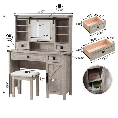 T4TREAM Farmhouse Makeup Vanity Desk with Sliding Mirror and Lights, 42'' Glass Tabletop Vanity Table with 2 Drawers & Shelves, Rustic Big Vanity Set - WoodArtSupply