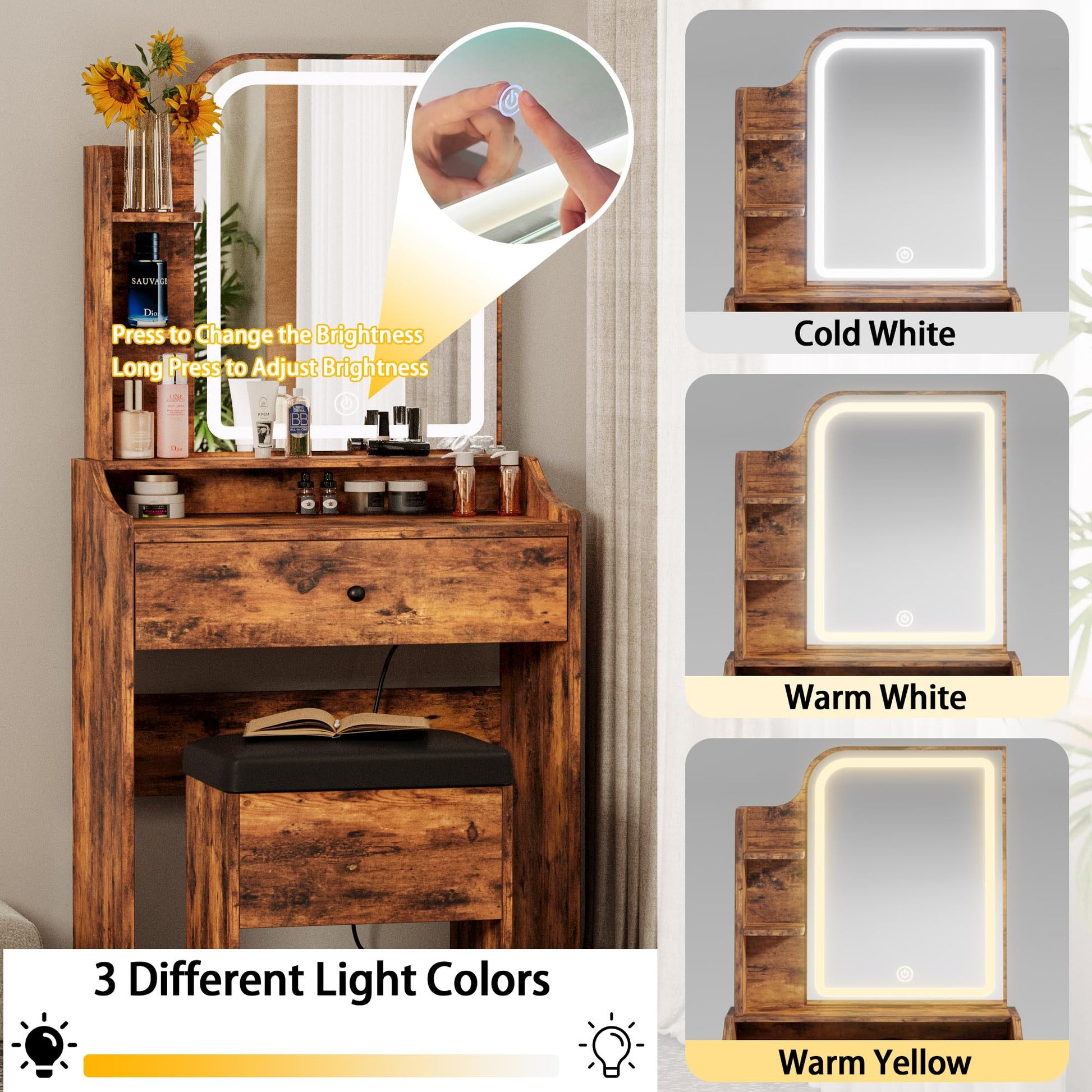 LIKIMIO Small Makeup Vanity Desk with Mirror and Lights, Vanity Table Set with Storage Drawer & Chair & 3 Shelves, Bedroom, Vintage Brown - WoodArtSupply