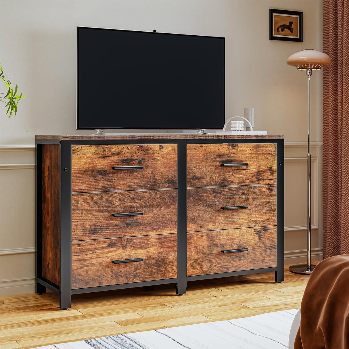 Frmobepts 6 Drawer Dresser, Wooden Dresser for Bedroom, 47" Metal Frame, Black Dresser, Natural Wooden Dresser Furniture, Storage Cabinet for Dining Frmobepts