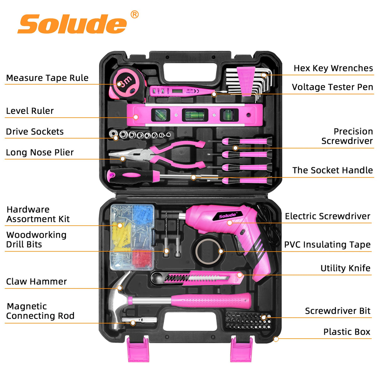 SOLUDE Pink Tool Set,130 Piece Women's Tool Kit for Home with 3.6V Cordless Rechargeable Screwdriver,Household Basic Toolkits for New SOLUDE