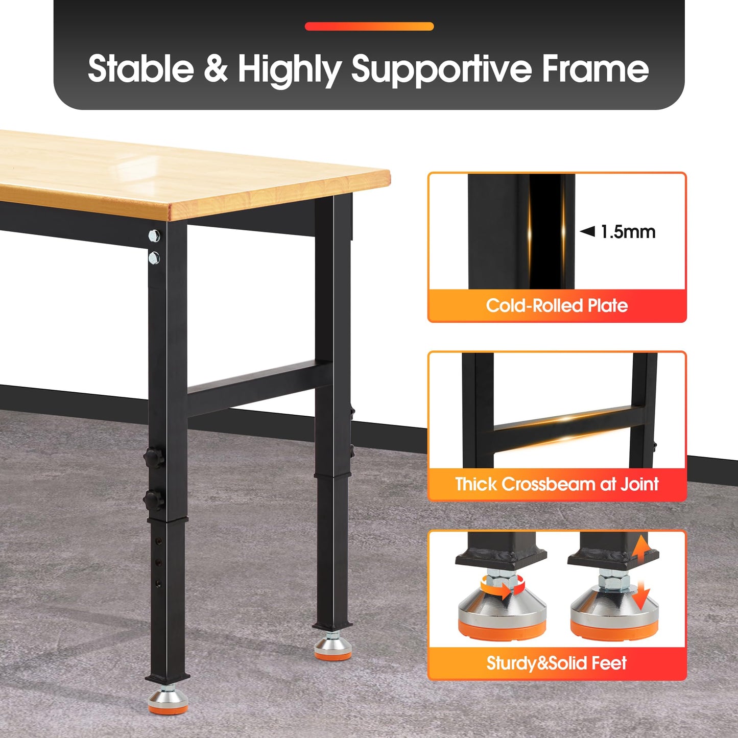 Antifir 60" Adjustable Workbench,Heavy Duty Workstation with Rubber Wood Top, 2000 LBS Load Capacity Hardwood Garage Workbench for - WoodArtSupply