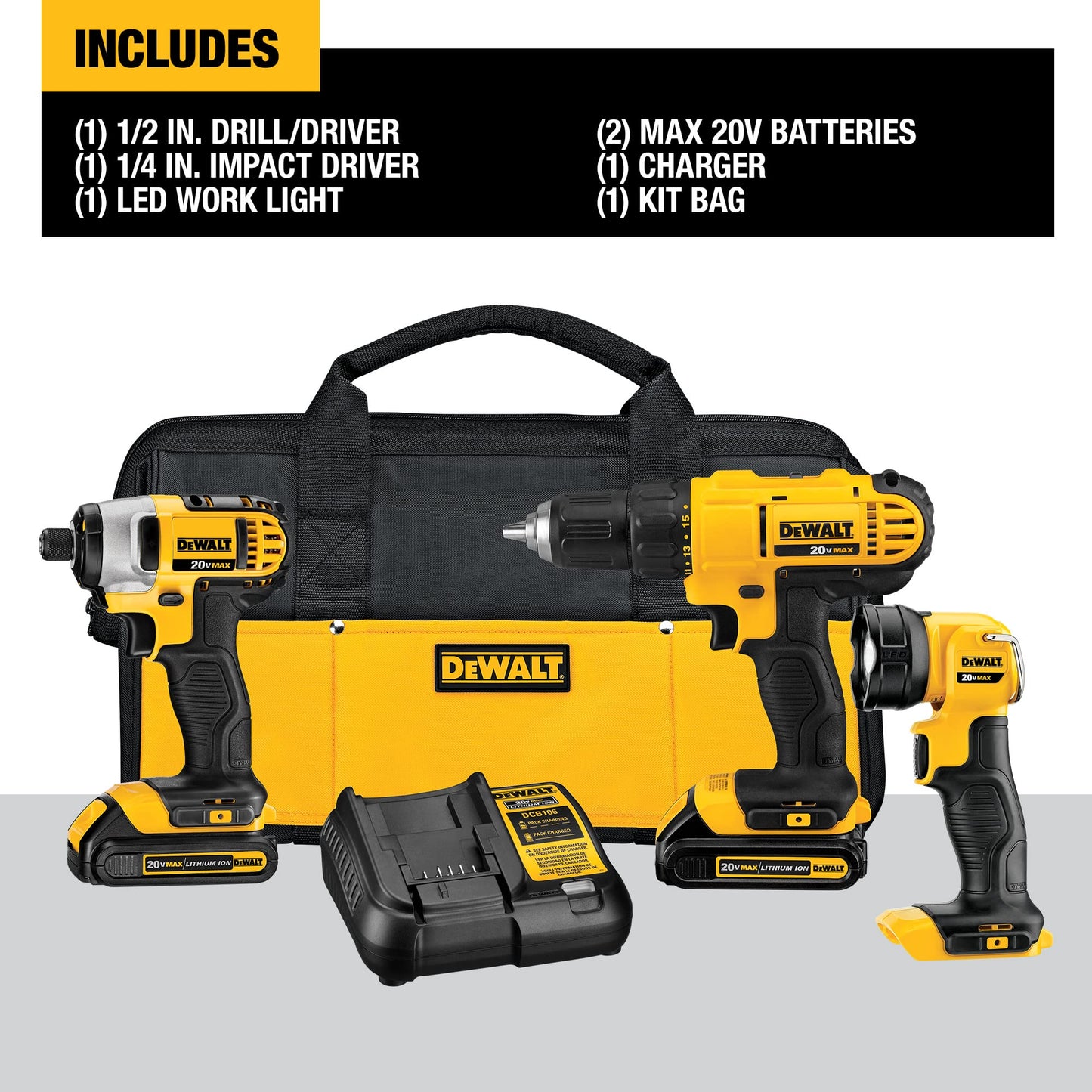 DEWALT 20V MAX* Cordless Drill Combo Kit, 3-Tool (DCK340C2),Black/Yellow - WoodArtSupply