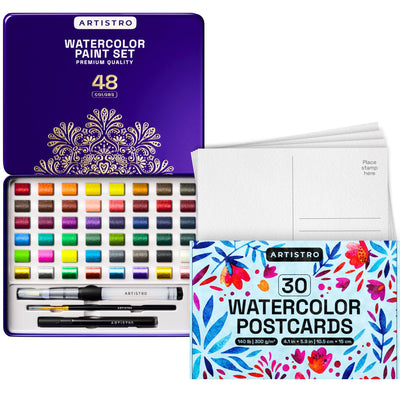 ARTISTRO Watercolor Paint Set, 48 Vivid Colors and 30 Watercolor Postcards 4x6 Inches - Heavyweight Paper Cards 140lb (300gsm)