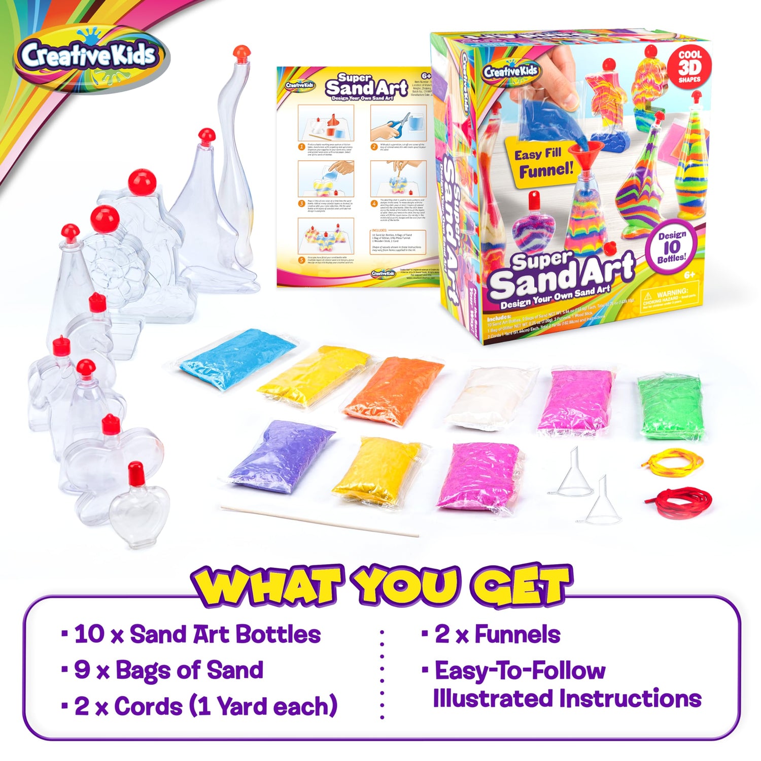 Creative Kids Sand Art Activity Kit for Kids - 10 Sand Art Bottles and 10 Colored Cool Sand Bags + Glitter Sand - Create Your Own Sand Art - DIY Arts Creative Kids