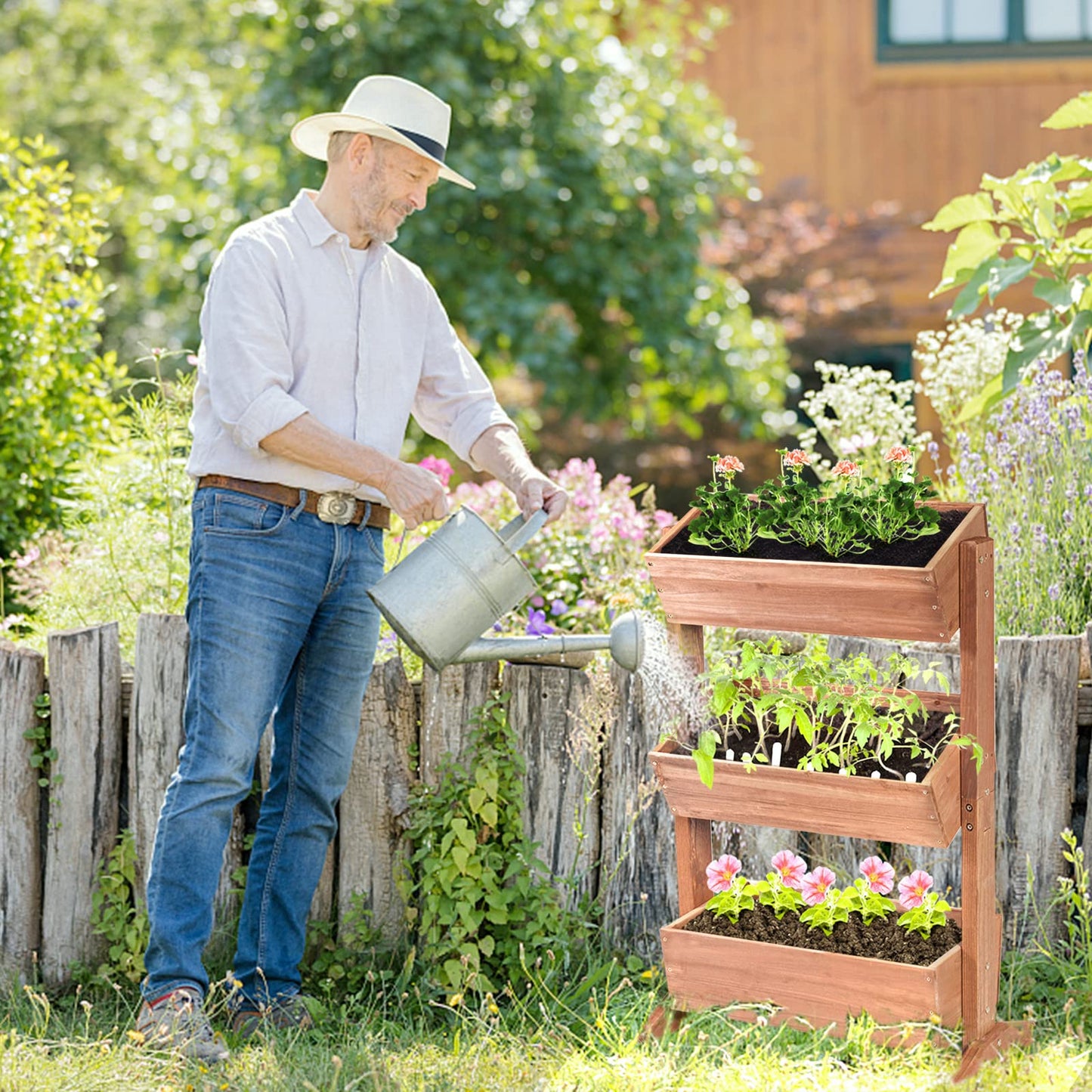 S AFSTAR Wooden Vertical Raised Garden Bed, 3 Tiers Tiltable Elevated Garden Planter w/3 Drainage Container Boxes & Tiltable Planter, Standing