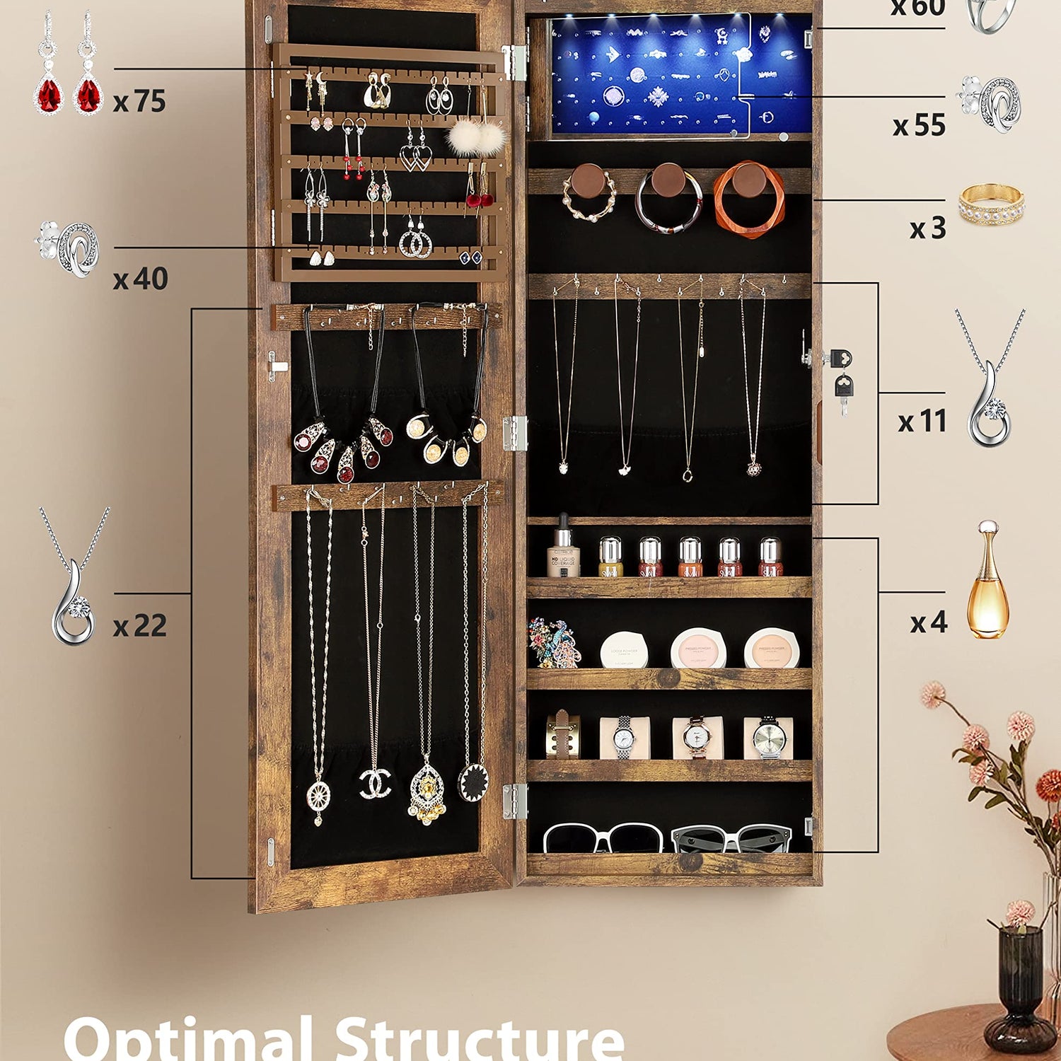 Nicetree 6 LEDs Mirror Jewelry Cabinet with 3 Improvements, 4.2" D Door/Wall Mounted Jewelry Armoire with Full Length Mirror, Larger Capacity, Nicetree