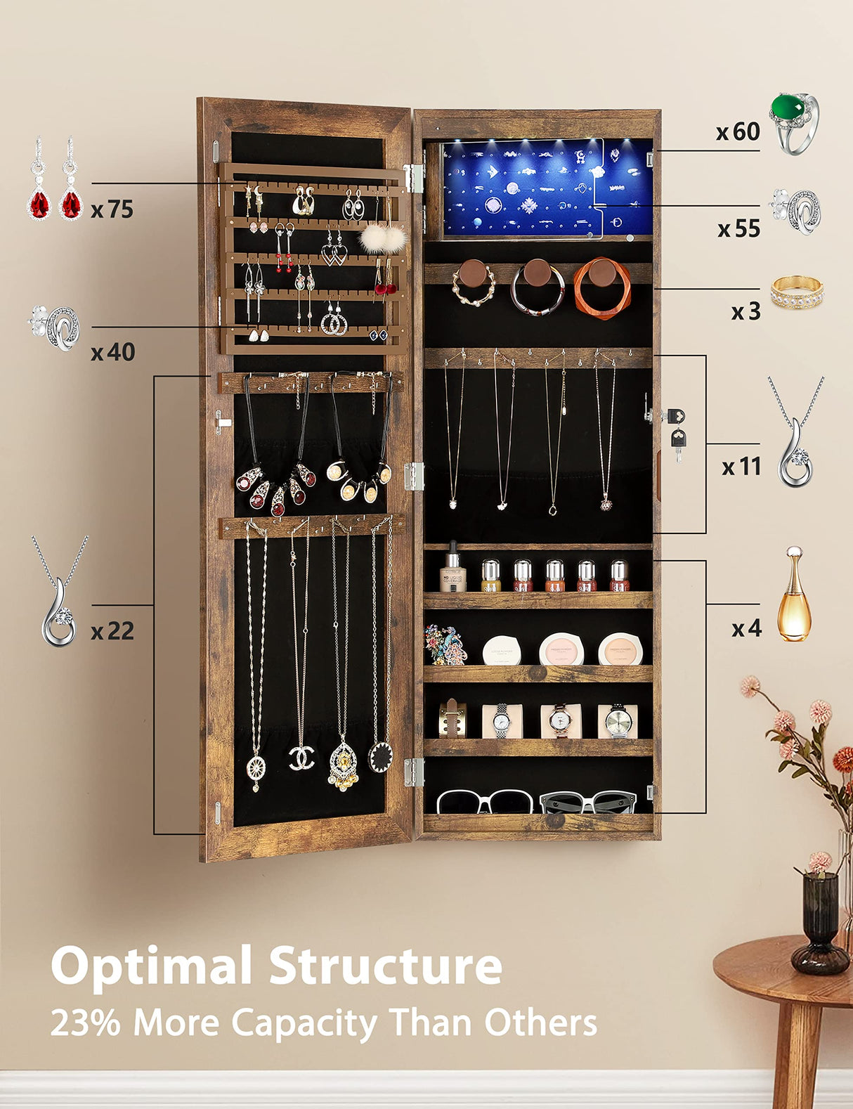 Nicetree 6 LEDs Mirror Jewelry Cabinet with 3 Improvements, 4.2" D Door/Wall Mounted Jewelry Armoire with Full Length Mirror, Larger Capacity, Nicetree
