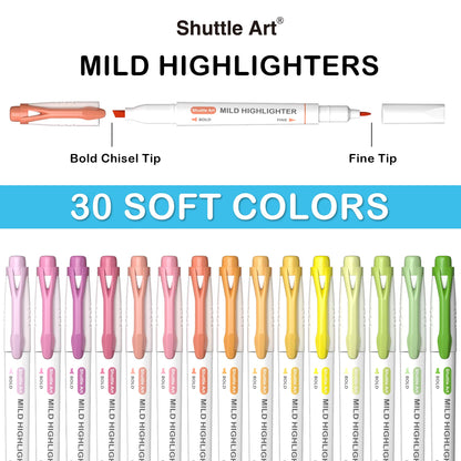 Shuttle Art 30 Colors Highlighters, Pastel Highlighter Pens Assorted Colors, Dual Tip Mild Color Highlighter Markers, Perfect for Teens, Kids and