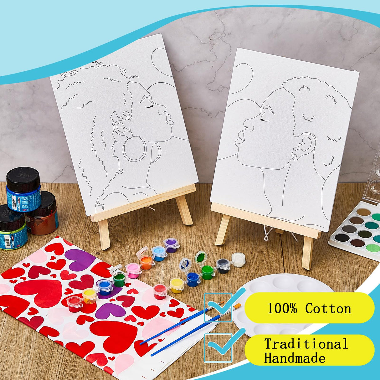 Yeaqee 13 Pcs Sip and Paint Kit Valentines Couple Painting Kit Supplies Canvas Painting Art Painting Set Pre Drawn Stretch Canvas Kit for Couple Date Yeaqee
