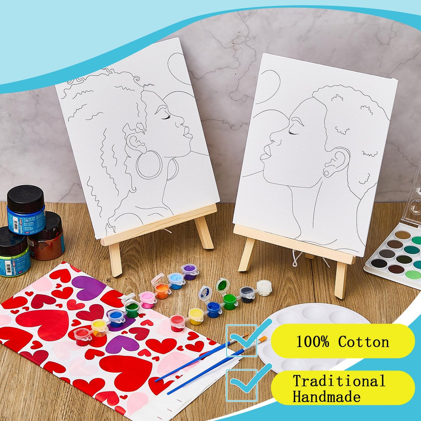 Yeaqee 13 Pcs Sip and Paint Kit Valentines Couple Painting Kit Supplies Canvas Painting Art Painting Set Pre Drawn Stretch Canvas Kit for Couple Date - WoodArtSupply