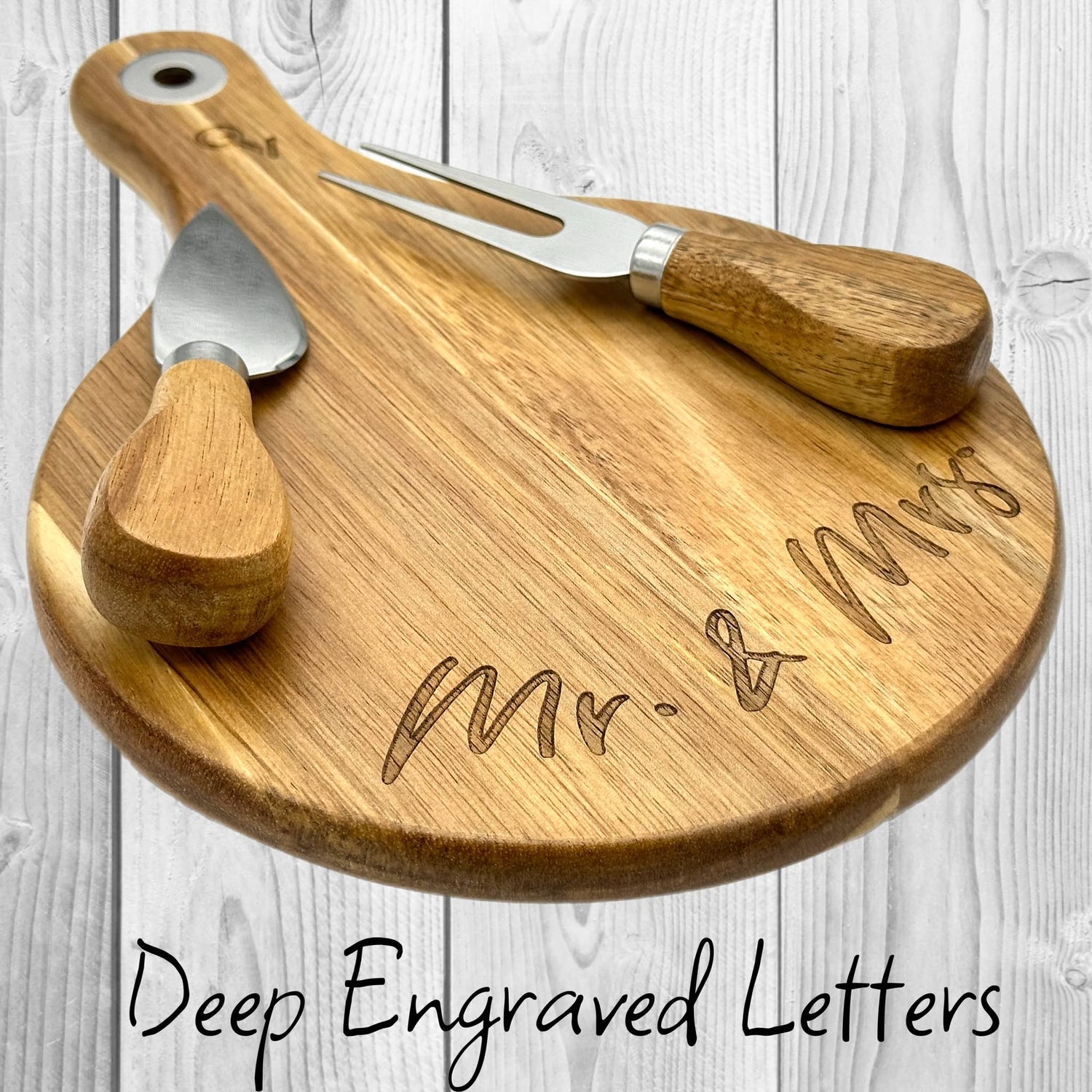 Mr & Mrs Wedding Gift Small Acacia Wood cheese board For charcuterie. Laser Engraved Present In a book like box for newlywed couples. Stainless Steel QualityVibe