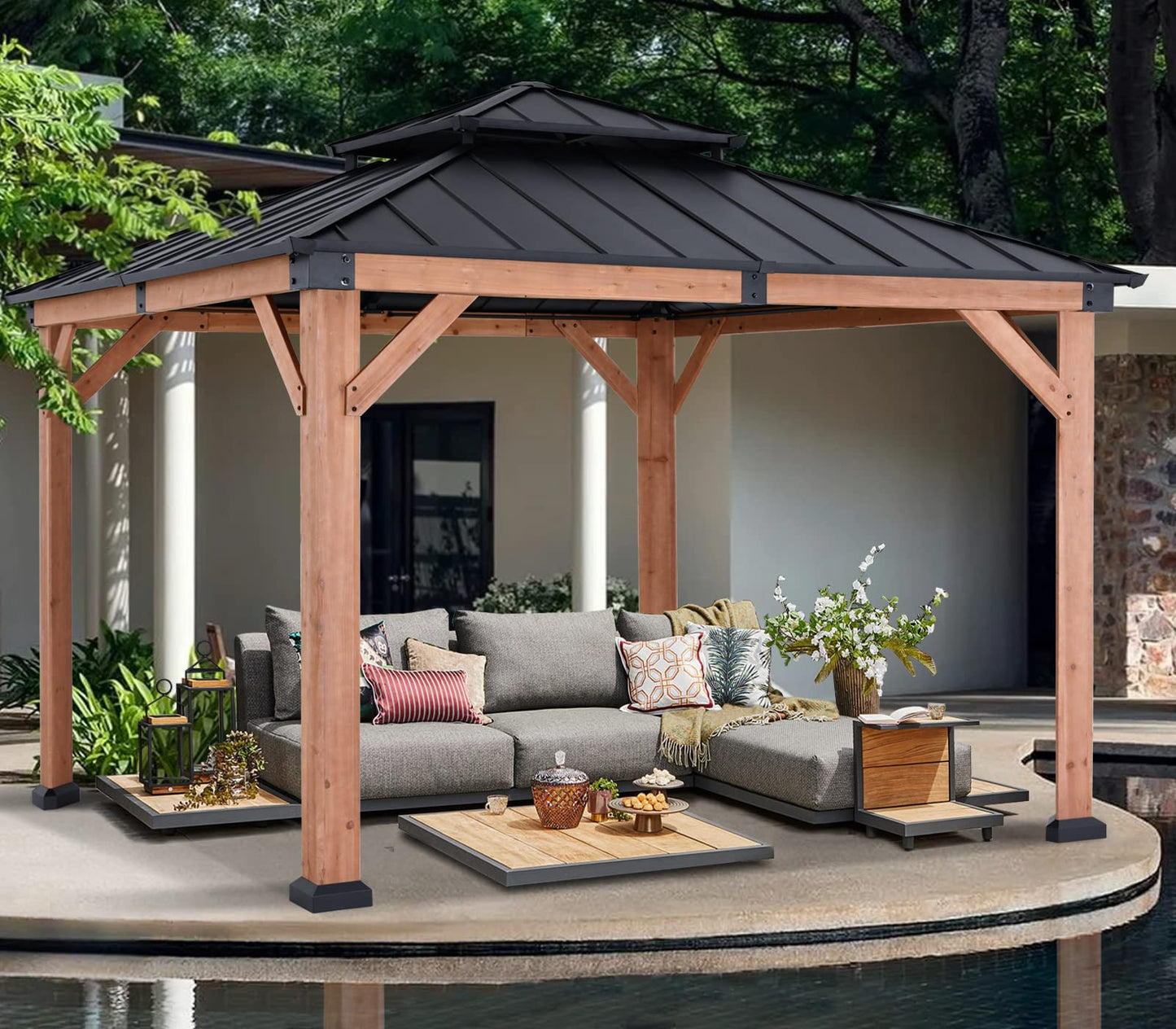 ABCCANOPY Wood Gazebo 11x11 - Outdoor Patio Wooden Gazebo with Hardtop Metal Double Roof for Garden, Backyard and Deck - WoodArtSupply