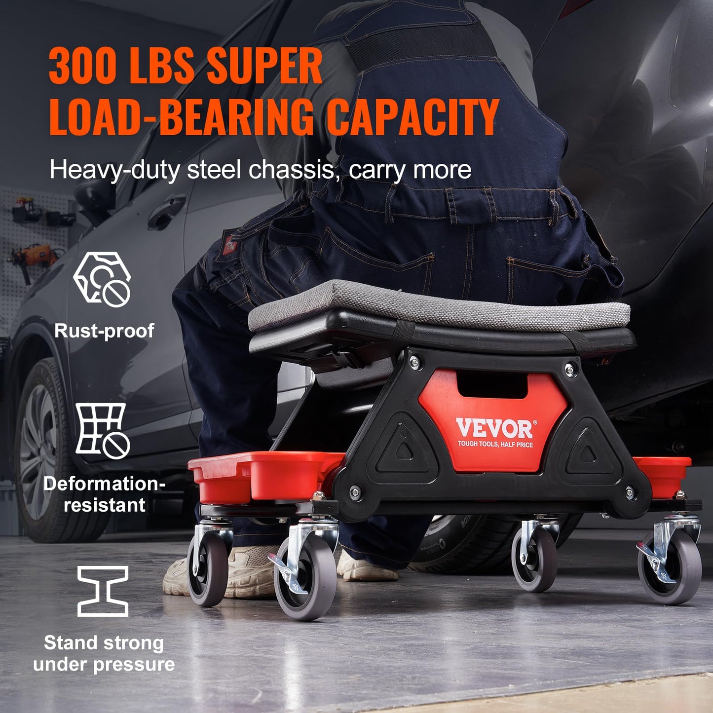 VEVOR Mechanic Stool 300 LBS Capacity Garage Stool with Wheels, Heavy Duty Rolling Mechanics Seat, with Three Slide Out Tool Trays and Drawer, - WoodArtSupply