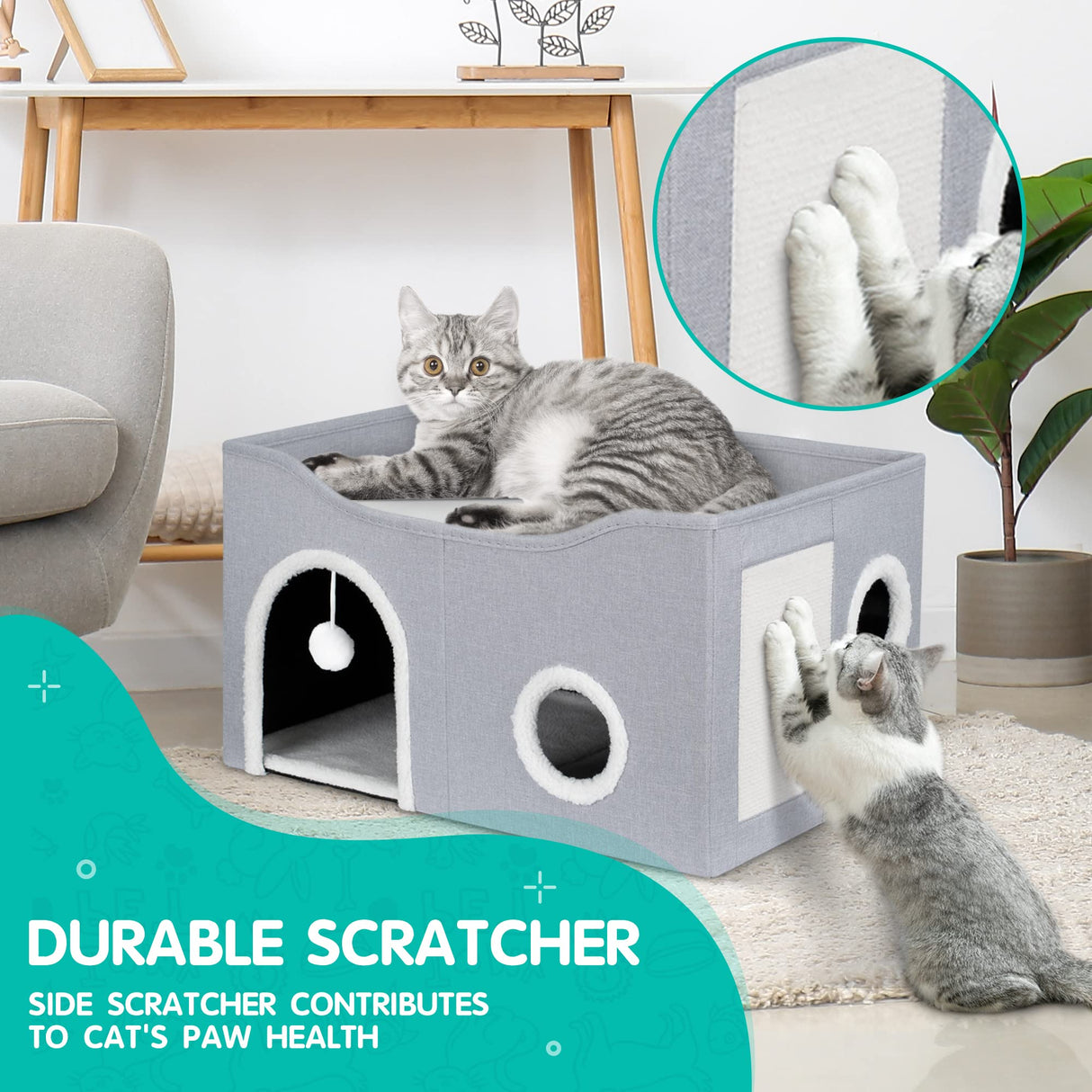 Heeyoo Cat House for Indoor Cats - Large Cat Bed Cave with Fluffy Ball and Scratch Pad, Foldable Cat Condos, Cat Cubes, Cat Hideaway, Covered Cat Bed Heeyoo
