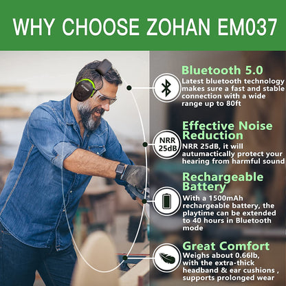 ZOHAN 037 Bluetooth Hearing Protection Headphones with 1500mAh Rechargeable Battery,NRR 25dB Noise Reduction Ear Muffs with 40H playtime for Mowing, - WoodArtSupply