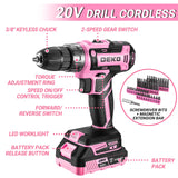 Pink Drill Tool Kit Set: 20V Cordless Power Drill Tool Box with Battery Electric Drill Driver for Men Home Hand Repair Basic Toolbox Tools Sets DEKOPRO