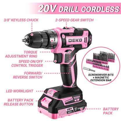 Pink Drill Tool Kit Set: 20V Cordless Power Drill Tool Box with Battery Electric Drill Driver for Men Home Hand Repair Basic Toolbox Tools Sets